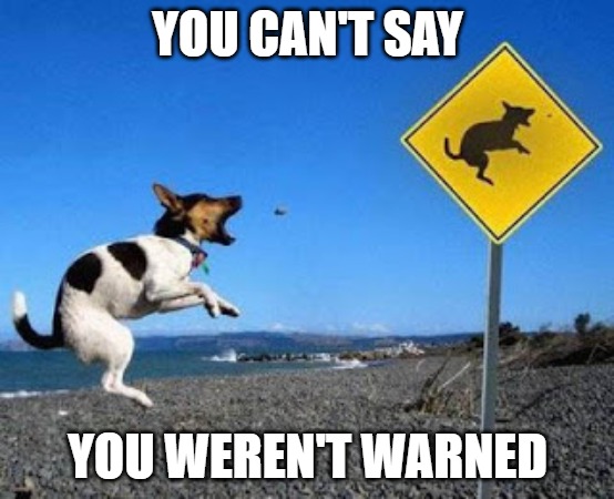 Signs signs everywhere there's signs | YOU CAN'T SAY; YOU WEREN'T WARNED | image tagged in dogs,fun,funny,memes,funny memes,2020 | made w/ Imgflip meme maker