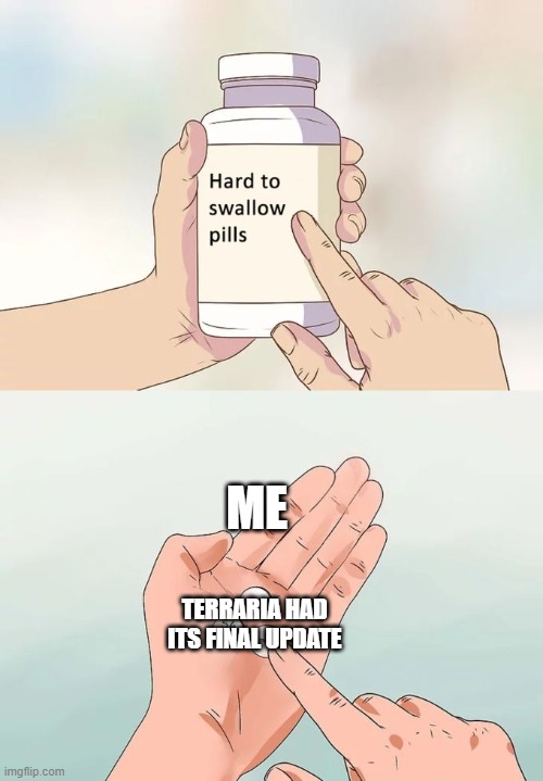 Hard To Swallow Pills | ME; TERRARIA HAD ITS FINAL UPDATE | image tagged in memes,hard to swallow pills | made w/ Imgflip meme maker