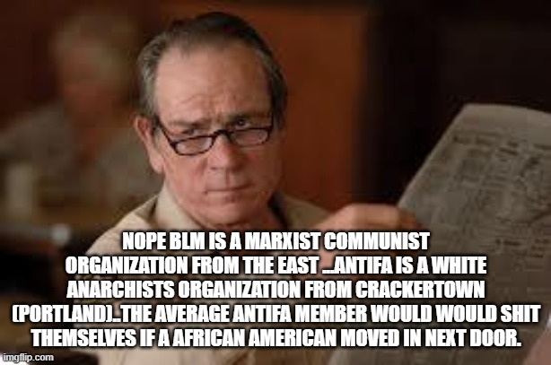 no country for old men tommy lee jones | NOPE BLM IS A MARXIST COMMUNIST ORGANIZATION FROM THE EAST ...ANTIFA IS A WHITE ANARCHISTS ORGANIZATION FROM CRACKERTOWN (PORTLAND)..THE AVE | image tagged in no country for old men tommy lee jones | made w/ Imgflip meme maker