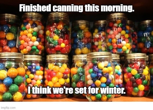 Winter Canning | Finished canning this morning. I think we're set for winter. | image tagged in candy | made w/ Imgflip meme maker
