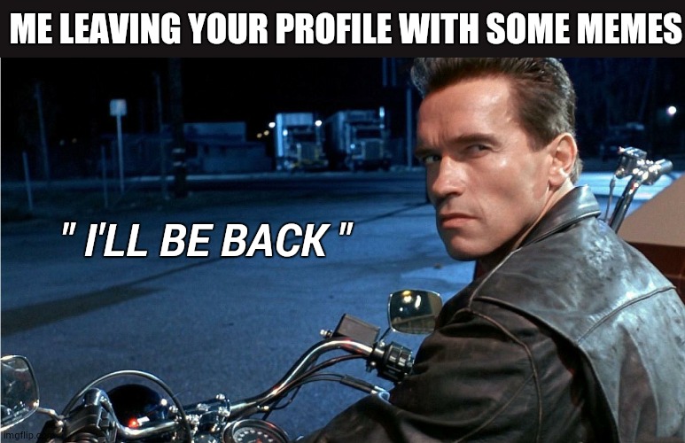 "I'll be back" | ME LEAVING YOUR PROFILE WITH SOME MEMES; " I'LL BE BACK " | image tagged in i'll be back | made w/ Imgflip meme maker