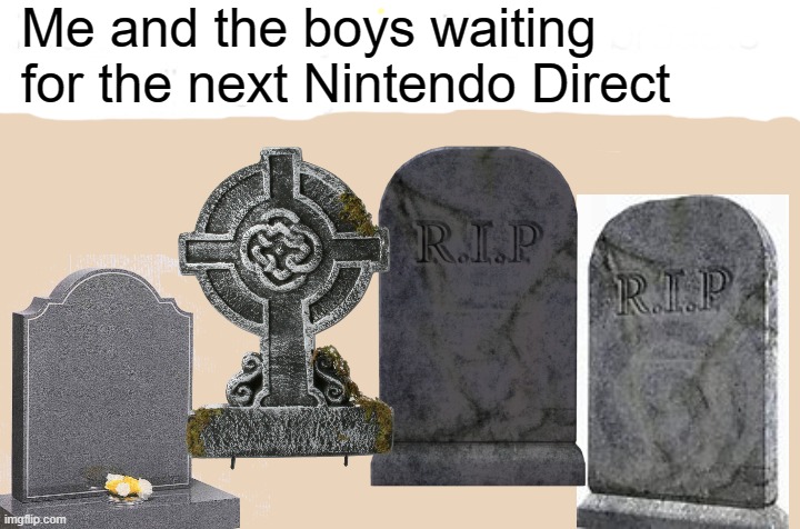 In one month, it'll be a year since the last full direct. :( | Me and the boys waiting for the next Nintendo Direct | image tagged in nintendo,waiting,me and the boys,grave,next | made w/ Imgflip meme maker