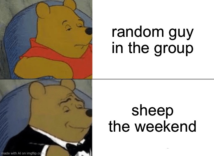 What? XD | random guy in the group; sheep the weekend | image tagged in memes,tuxedo winnie the pooh | made w/ Imgflip meme maker