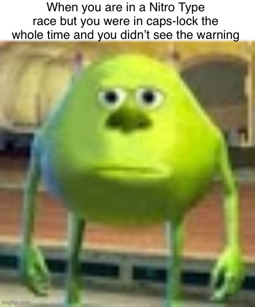 ō_ō | When you are in a Nitro Type race but you were in caps-lock the whole time and you didn’t see the warning | image tagged in sully wazowski | made w/ Imgflip meme maker