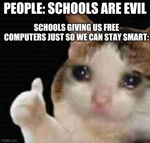 Made using a school computer :> | PEOPLE: SCHOOLS ARE EVIL; SCHOOLS GIVING US FREE COMPUTERS JUST SO WE CAN STAY SMART: | image tagged in crying cat,thumbs up,school,computer,smart | made w/ Imgflip meme maker