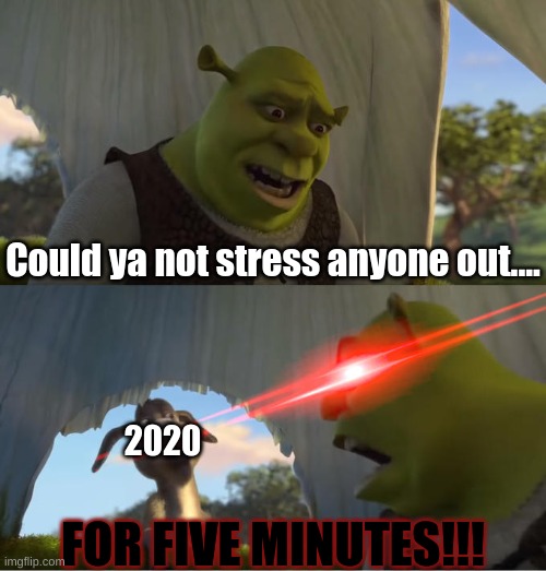Dammit 2020! | Could ya not stress anyone out.... 2020; FOR FIVE MINUTES!!! | image tagged in shrek for five minutes | made w/ Imgflip meme maker