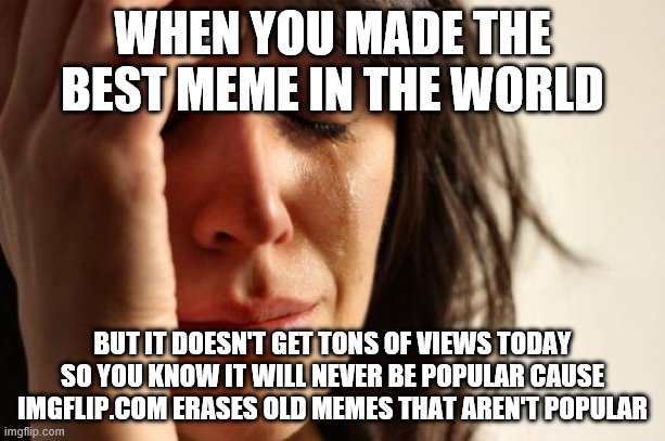 Happened to me like a thousand times | WHEN YOU MADE THE BEST MEME IN THE WORLD; BUT IT DOESN'T GET TONS OF VIEWS TODAY SO YOU KNOW IT WILL NEVER BE POPULAR CAUSE IMGFLIP.COM ERASES OLD MEMES THAT AREN'T POPULAR | image tagged in memes,first world problems | made w/ Imgflip meme maker