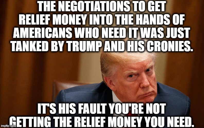 And you're so belligerently ignorant, you'll still vote for him, huh? | THE NEGOTIATIONS TO GET RELIEF MONEY INTO THE HANDS OF AMERICANS WHO NEED IT WAS JUST TANKED BY TRUMP AND HIS CRONIES. IT'S HIS FAULT YOU'RE NOT GETTING THE RELIEF MONEY YOU NEED. | image tagged in donald trump,money,emergency,covid-19,ignorant,election 2020 | made w/ Imgflip meme maker