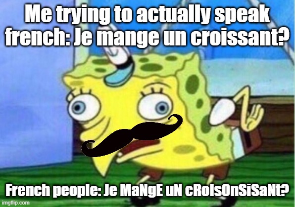 Mocking Spongebob | Me trying to actually speak french: Je mange un croissant? French people: Je MaNgE uN cRoIsOnSiSaNt? | image tagged in memes,mocking spongebob | made w/ Imgflip meme maker