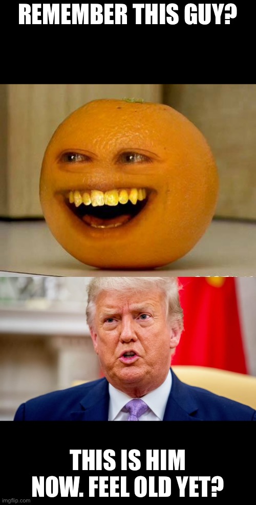 Certified bruh moment | REMEMBER THIS GUY? THIS IS HIM NOW. FEEL OLD YET? | image tagged in bruh moment,memes,politics,donald trump,annoying orange,feel old yet | made w/ Imgflip meme maker