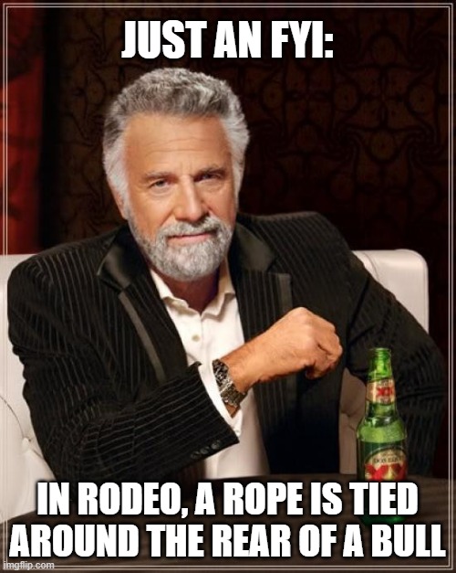 The Most Interesting Man In The World Meme | JUST AN FYI: IN RODEO, A ROPE IS TIED AROUND THE REAR OF A BULL | image tagged in memes,the most interesting man in the world | made w/ Imgflip meme maker