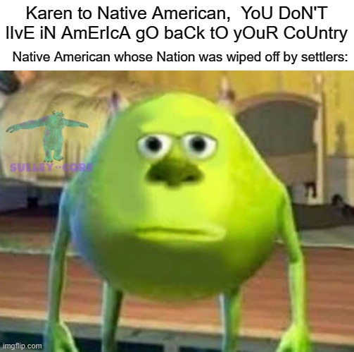 Native Americans need more respect | Karen to Native American,  YoU DoN'T lIvE iN AmErIcA gO baCk tO yOuR CoUntry; Native American whose Nation was wiped off by settlers: | image tagged in monsters inc,memes,dank memes,karen | made w/ Imgflip meme maker
