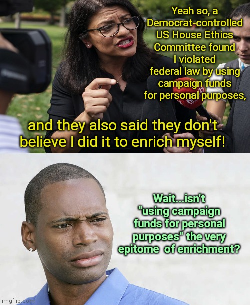 Rashida Tlaib: found guilty of ethics violation by Congressional Ethics Committee and yet.... | Yeah so, a Democrat-controlled US House Ethics Committee found I violated federal law by using campaign funds for personal purposes, and they also said they don't believe I did it to enrich myself! Wait...isn't "using campaign funds for personal purposes" the very epitome  of enrichment? | image tagged in disbelief,rep rashida tlaib,federal campaign violations,corruption,democrats protecting eachother,democratic party | made w/ Imgflip meme maker