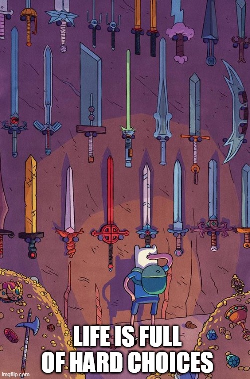 I'LL TAKE THAT AXE | LIFE IS FULL OF HARD CHOICES | image tagged in adventure time,finn the human,sword | made w/ Imgflip meme maker