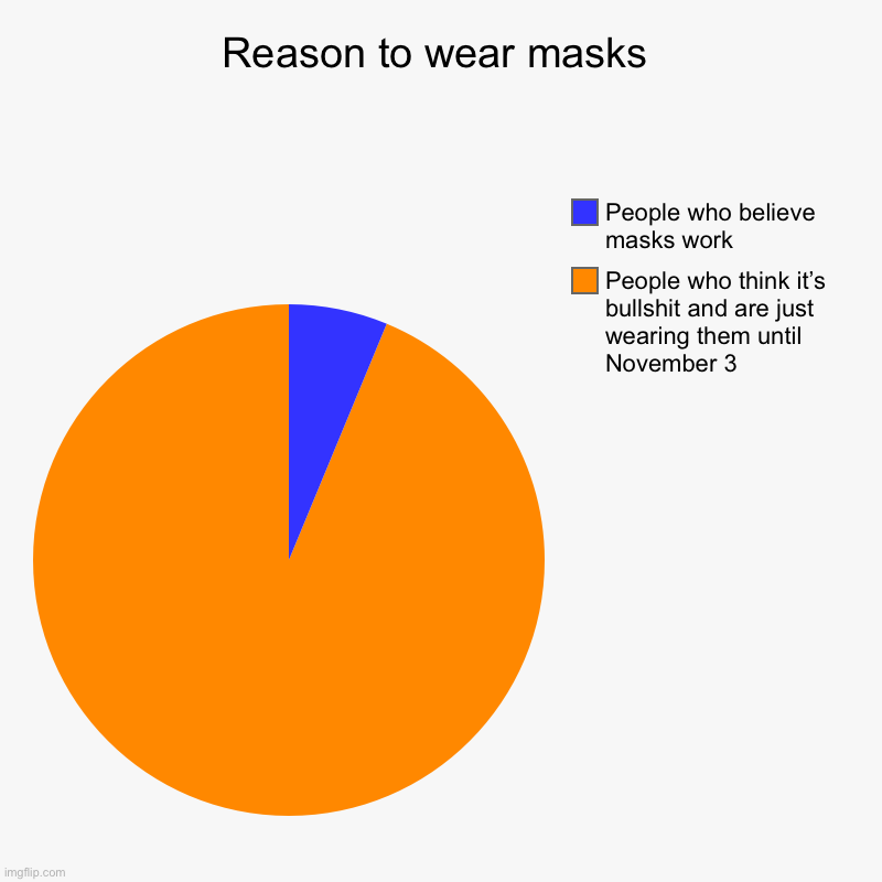 Reason to wear masks | People who think it’s bullshit and are just wearing them until November 3, People who believe masks work | image tagged in charts,pie charts,ConservativeMemes | made w/ Imgflip chart maker