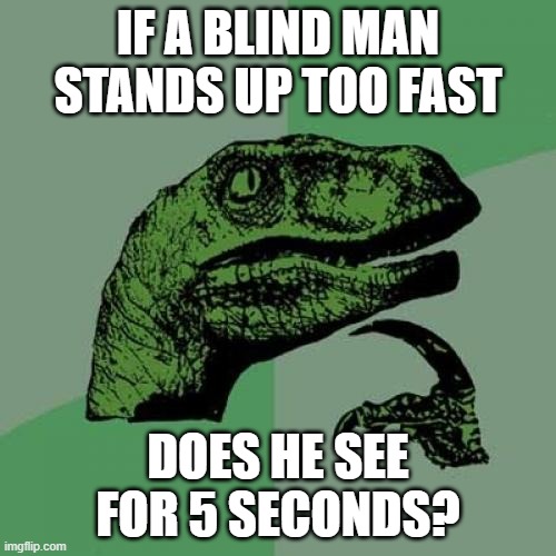 Philosoraptor | IF A BLIND MAN STANDS UP TOO FAST; DOES HE SEE FOR 5 SECONDS? | image tagged in memes,philosoraptor | made w/ Imgflip meme maker