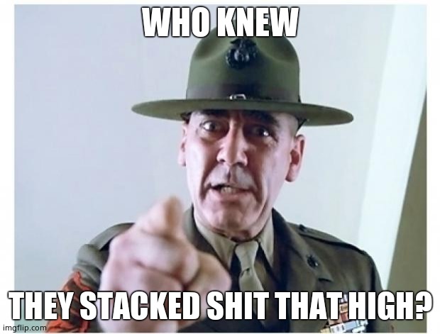 Full metal jacket | WHO KNEW THEY STACKED SHIT THAT HIGH? | image tagged in full metal jacket | made w/ Imgflip meme maker