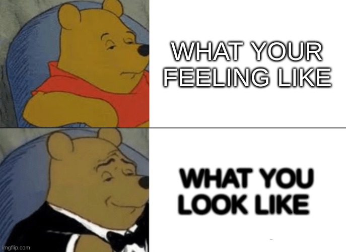 When your teacher is talking to you | WHAT YOUR FEELING LIKE; WHAT YOU LOOK LIKE | image tagged in memes,tuxedo winnie the pooh | made w/ Imgflip meme maker