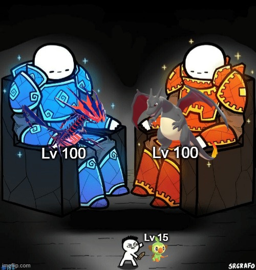 When you do your first online raids in SwSh | Lv 100; Lv 100; Lv 15 | image tagged in two giants looking at a small guy | made w/ Imgflip meme maker