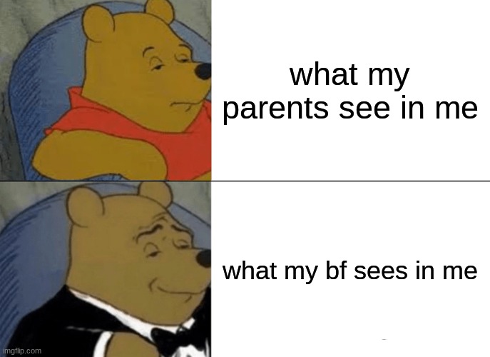 Tuxedo Winnie The Pooh | what my parents see in me; what my bf sees in me | image tagged in memes,tuxedo winnie the pooh | made w/ Imgflip meme maker