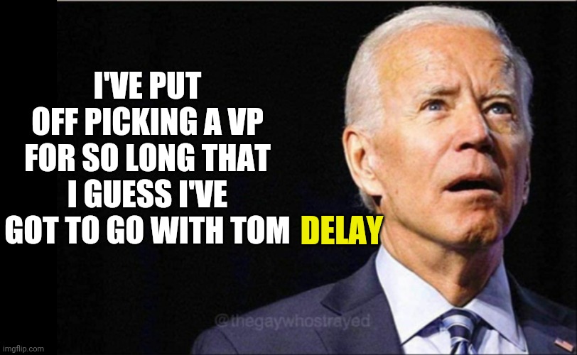 Tom DeLay declined | I'VE PUT OFF PICKING A VP FOR SO LONG THAT I GUESS I'VE GOT TO GO WITH TOM; DELAY | image tagged in joe biden,racist biden,hidin' biden | made w/ Imgflip meme maker
