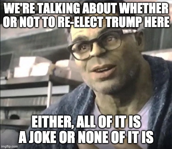 Either it is all a joke or none of it is | WE'RE TALKING ABOUT WHETHER OR NOT TO RE-ELECT TRUMP HERE; EITHER, ALL OF IT IS A JOKE OR NONE OF IT IS | image tagged in smart hulk | made w/ Imgflip meme maker