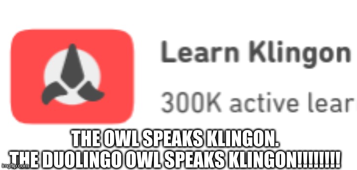 duolingo speaks klingon | THE OWL SPEAKS KLINGON.

THE DUOLINGO OWL SPEAKS KLINGON!!!!!!!! | image tagged in duolingo,klingon | made w/ Imgflip meme maker