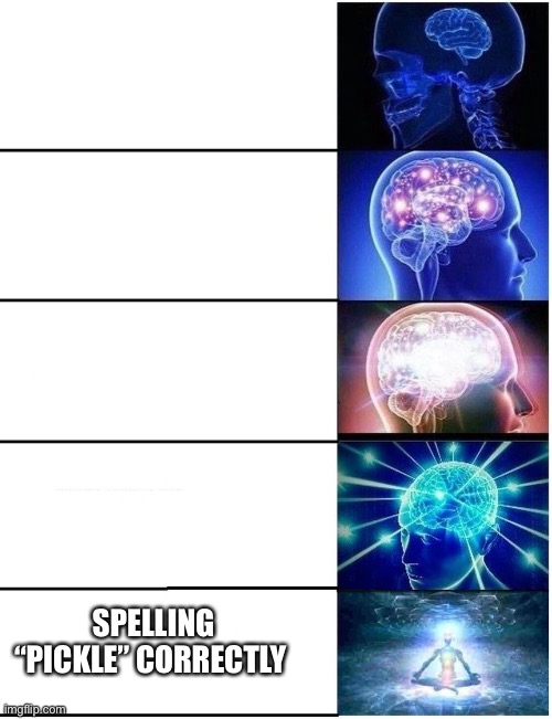 Expanding Brain 5 Panel | SPELLING “PICKLE” CORRECTLY | image tagged in expanding brain 5 panel | made w/ Imgflip meme maker