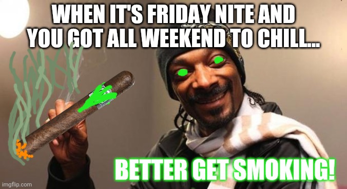 Snoop Dogg | WHEN IT'S FRIDAY NITE AND YOU GOT ALL WEEKEND TO CHILL... BETTER GET SMOKING! | image tagged in snoop dogg | made w/ Imgflip meme maker