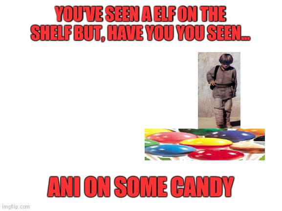 Another fine addition | YOU'VE SEEN A ELF ON THE SHELF BUT, HAVE YOU YOU SEEN... ANI ON SOME CANDY | image tagged in blank white template | made w/ Imgflip meme maker