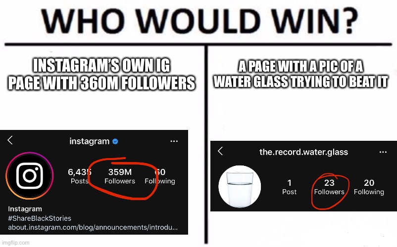 Another world record egg | INSTAGRAM’S OWN IG PAGE WITH 360M FOLLOWERS; A PAGE WITH A PIC OF A WATER GLASS TRYING TO BEAT IT | image tagged in memes,who would win,instagram,followers,world record,upvote begging | made w/ Imgflip meme maker