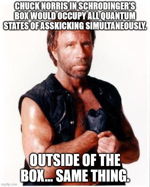 Chuck in a Box | CHUCK NORRIS IN SCHRODINGER'S BOX WOULD OCCUPY ALL QUANTUM STATES OF ASSKICKING SIMULTANEOUSLY. OUTSIDE OF THE BOX... SAME THING. | image tagged in memes,chuck norris flex,chuck norris | made w/ Imgflip meme maker