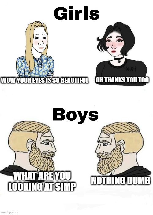 Girls vs Boys | OH THANKS YOU TOO; WOW YOUR EYES IS SO BEAUTIFUL; NOTHING DUMB; WHAT ARE YOU LOOKING AT SIMP | image tagged in girls vs boys | made w/ Imgflip meme maker