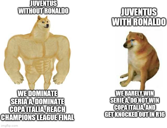 Buff Doge vs. Cheems | JUVENTUS WITHOUT RONALDO; JUVENTUS WITH RONALDO; WE BARELY WIN SERIE A, DO NOT WIN COPA ITALIA, AND GET KNOCKED OUT IN R16; WE DOMINATE SERIA A, DOMINATE COPA ITALIA, REACH CHAMPIONS LEAGUE FINAL | image tagged in strong doge weak doge | made w/ Imgflip meme maker