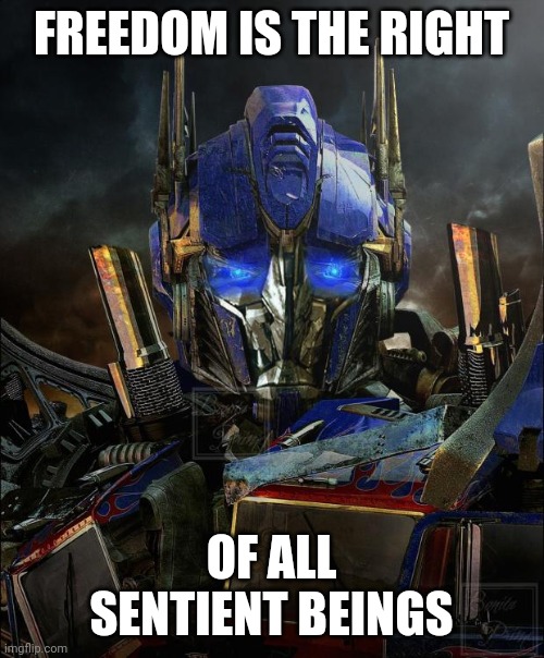 Optimus Prime | FREEDOM IS THE RIGHT; OF ALL SENTIENT BEINGS | image tagged in optimus prime | made w/ Imgflip meme maker