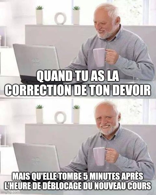 Hide the Pain Harold Meme | QUAND TU AS LA CORRECTION DE TON DEVOIR; MAIS QU'ELLE TOMBE 5 MINUTES APRÈS L'HEURE DE DÉBLOCAGE DU NOUVEAU COURS | image tagged in memes,hide the pain harold | made w/ Imgflip meme maker