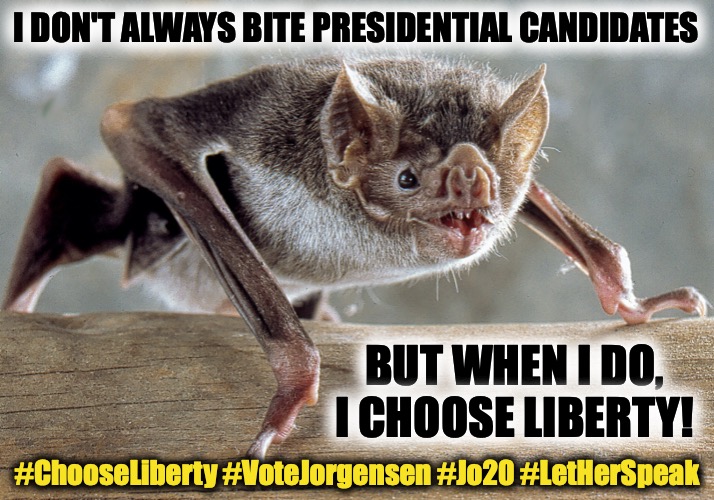 Liberty Bat says, "Choose Liberty! Vote Jorgensen for President!" | I DON'T ALWAYS BITE PRESIDENTIAL CANDIDATES; BUT WHEN I DO, I CHOOSE LIBERTY! #ChooseLiberty #VoteJorgensen #Jo20 #LetHerSpeak | image tagged in bat attack,let her speak,vote jorgensen,presidential election,libertarians | made w/ Imgflip meme maker