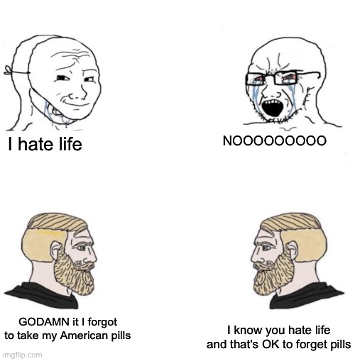 Life is Life | NOOOOOOOOO; I hate life; GODAMN it I forgot to take my American pills; I know you hate life and that's OK to forget pills | image tagged in chad we know,memes,funny,chad,i know,hate life | made w/ Imgflip meme maker