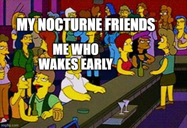 me irl | MY NOCTURNE FRIENDS; ME WHO WAKES EARLY | image tagged in homer bar,me irl | made w/ Imgflip meme maker