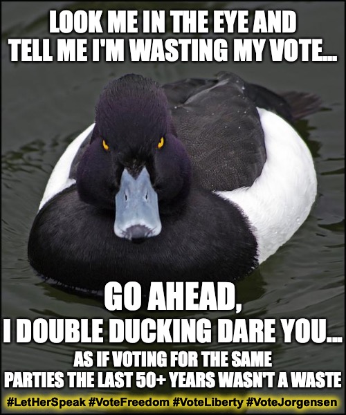 Liberty Ducks says, "I double ducking dare you..." | LOOK ME IN THE EYE AND TELL ME I'M WASTING MY VOTE... GO AHEAD, I DOUBLE DUCKING DARE YOU... AS IF VOTING FOR THE SAME PARTIES THE LAST 50+ YEARS WASN'T A WASTE; #LetHerSpeak #VoteFreedom #VoteLiberty #VoteJorgensen | image tagged in angry duck,let her speak,presidential election,wasted vote,vote,vote jorgensen | made w/ Imgflip meme maker
