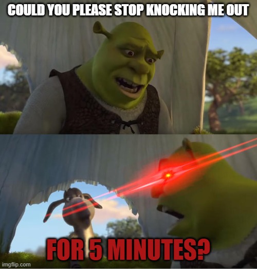 Shrek For Five Minutes | COULD YOU PLEASE STOP KNOCKING ME OUT FOR 5 MINUTES? | image tagged in shrek for five minutes | made w/ Imgflip meme maker