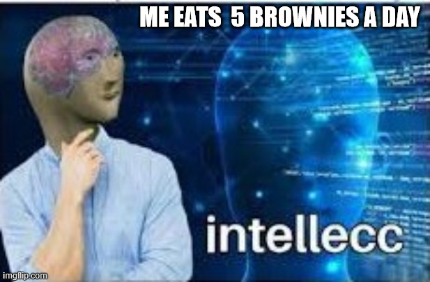 intellecc | ME EATS  5 BROWNIES A DAY | image tagged in intellecc | made w/ Imgflip meme maker