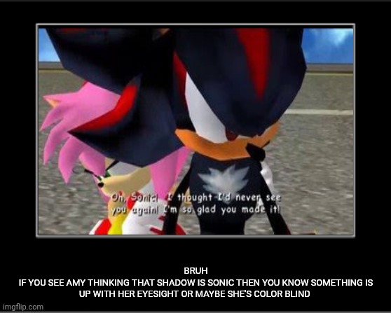 BRUH
IF YOU SEE AMY THINKING THAT SHADOW IS SONIC THEN YOU KNOW SOMETHING IS UP WITH HER EYESIGHT OR MAYBE SHE'S COLOR BLIND | image tagged in shadow the hedgehog,memes,demotivationals blank,funny,amy rose | made w/ Imgflip meme maker