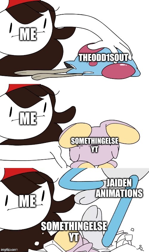 Jaiden = OP | ME; THEODD1SOUT; ME; SOMETHINGELSE YT; JAIDEN ANIMATIONS; ME; SOMETHINGELSE YT | image tagged in jaiden animations pokemon swap | made w/ Imgflip meme maker