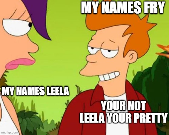 fry from futurama | MY NAMES FRY; MY NAMES LEELA; YOUR NOT LEELA YOUR PRETTY | image tagged in memes,slick fry | made w/ Imgflip meme maker