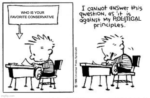Yes. | WHO IS YOUR FAVORITE CONSERVATIVE; POLITICAL | image tagged in i cannot answer this question,political,conservatives,liberals | made w/ Imgflip meme maker