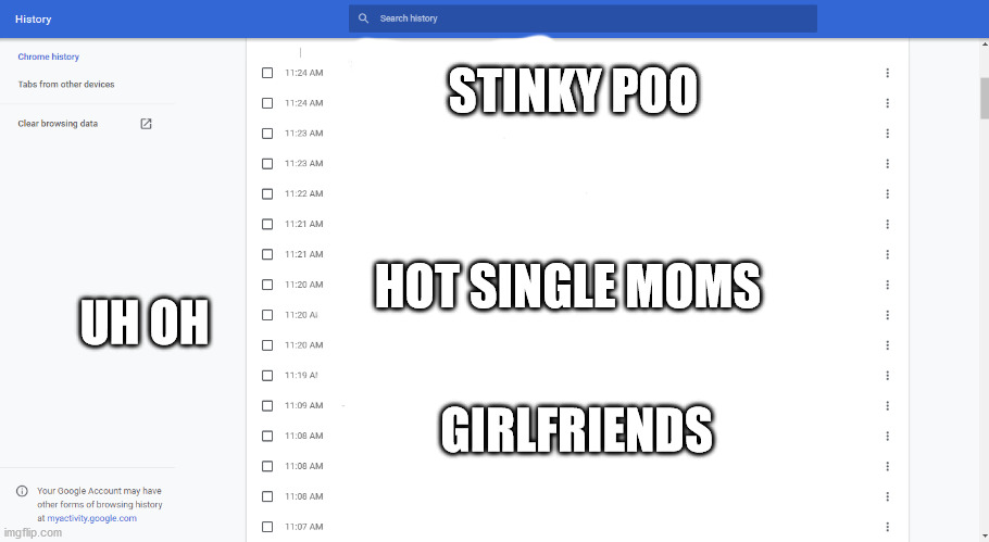 Search history | STINKY POO; HOT SINGLE MOMS; UH OH; GIRLFRIENDS | image tagged in search history | made w/ Imgflip meme maker