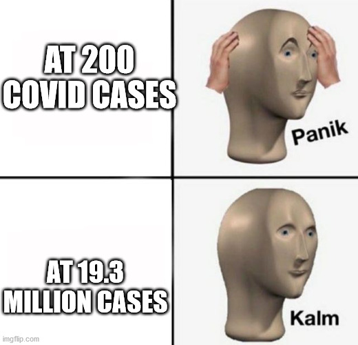 hek | AT 200 COVID CASES; AT 19.3 MILLION CASES | image tagged in panik kalm | made w/ Imgflip meme maker