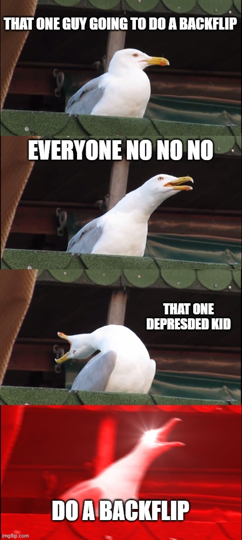 Inhaling Seagull Meme | THAT ONE GUY GOING TO DO A BACKFLIP; EVERYONE NO NO NO; THAT ONE DEPRESDED KID; DO A BACKFLIP | image tagged in memes,inhaling seagull | made w/ Imgflip meme maker