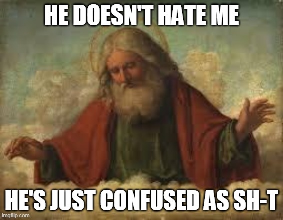 god | HE DOESN'T HATE ME HE'S JUST CONFUSED AS SH-T | image tagged in god | made w/ Imgflip meme maker